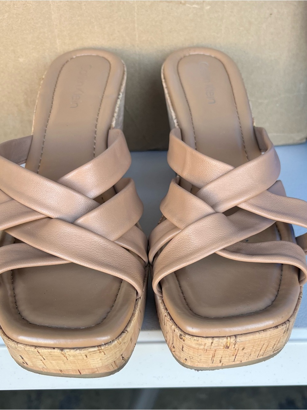 Calvin Klein Neutral Tan Woven Strap Platform Sandal size 10